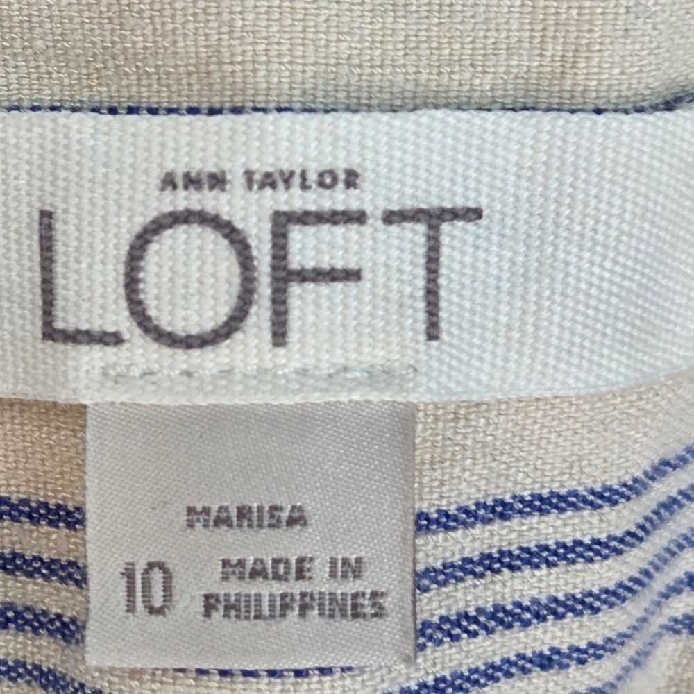 Ann Taylor LOFT Linen Striped Marisa Fit Cropped Pants Women Sz 10 Blue & Cream - Picture 2 of 9